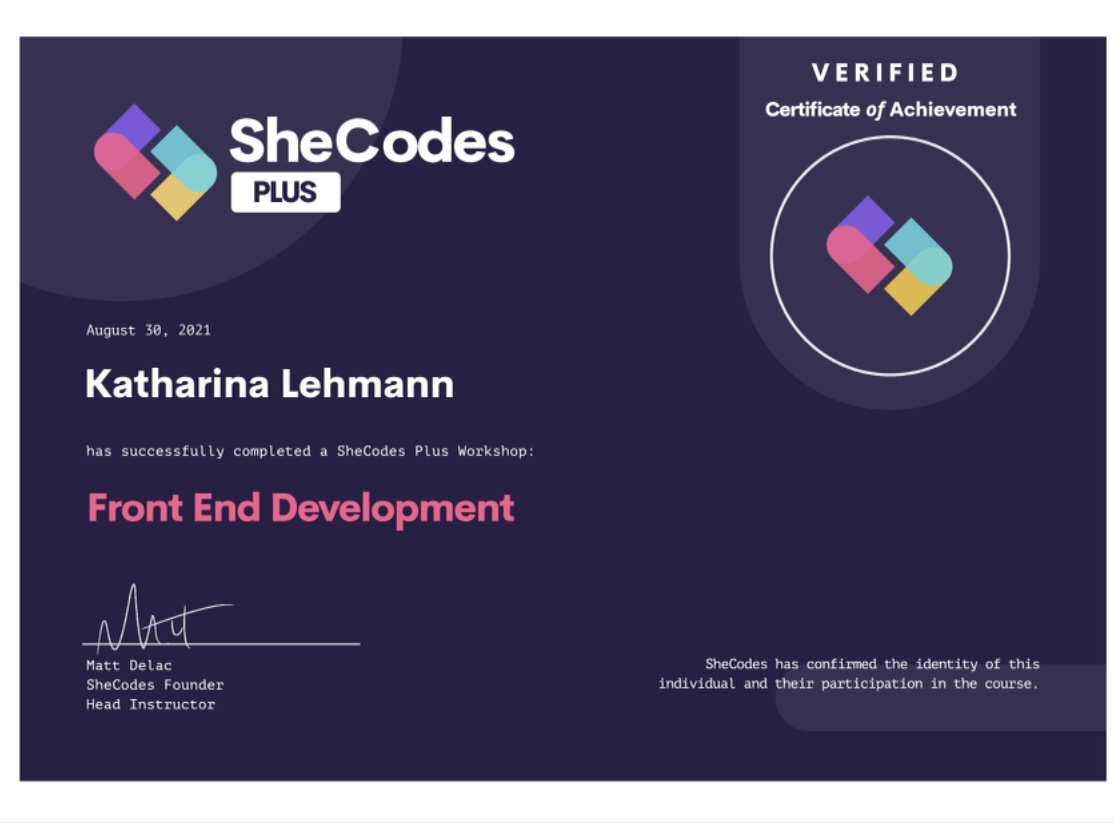 SheCodes Plus Certificate